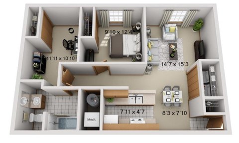 Floor plan for 1 bed, 1 bath, 966 sqft